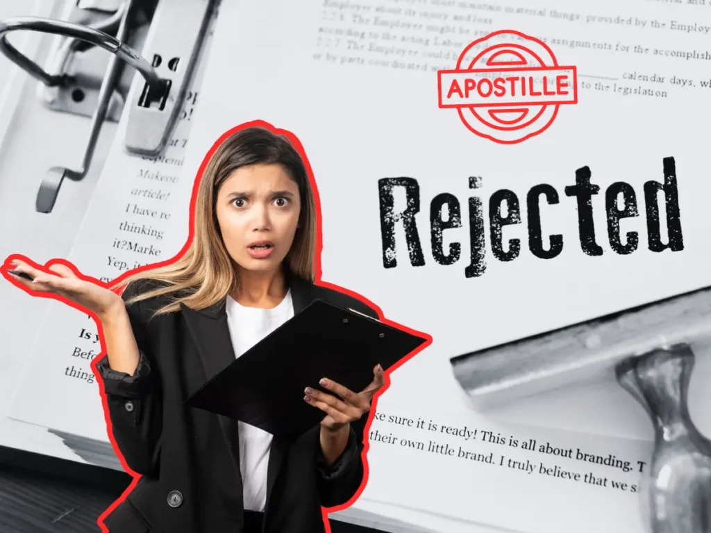 Blog 10 Worried woman holding a rejected document after making common errors when requesting an apostille